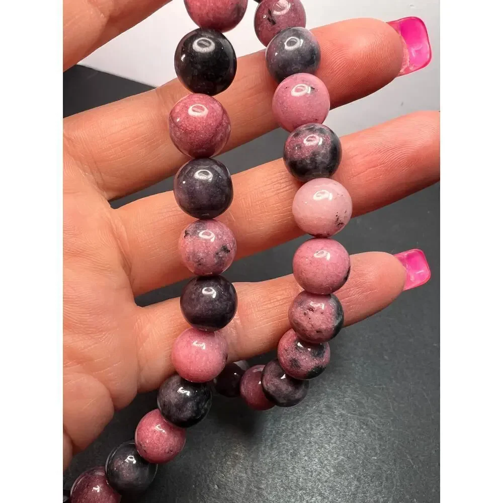 NEW Dead stock Rhodonite beaded necklace with sterling silver clasp